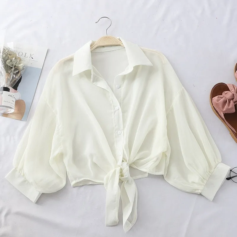 Hulianfu Chiffon Shirts Women Summer Half Sleeve Buttoned Up Shirt Loose Casual Blouse Tied Waist Elegant Blouses For Women