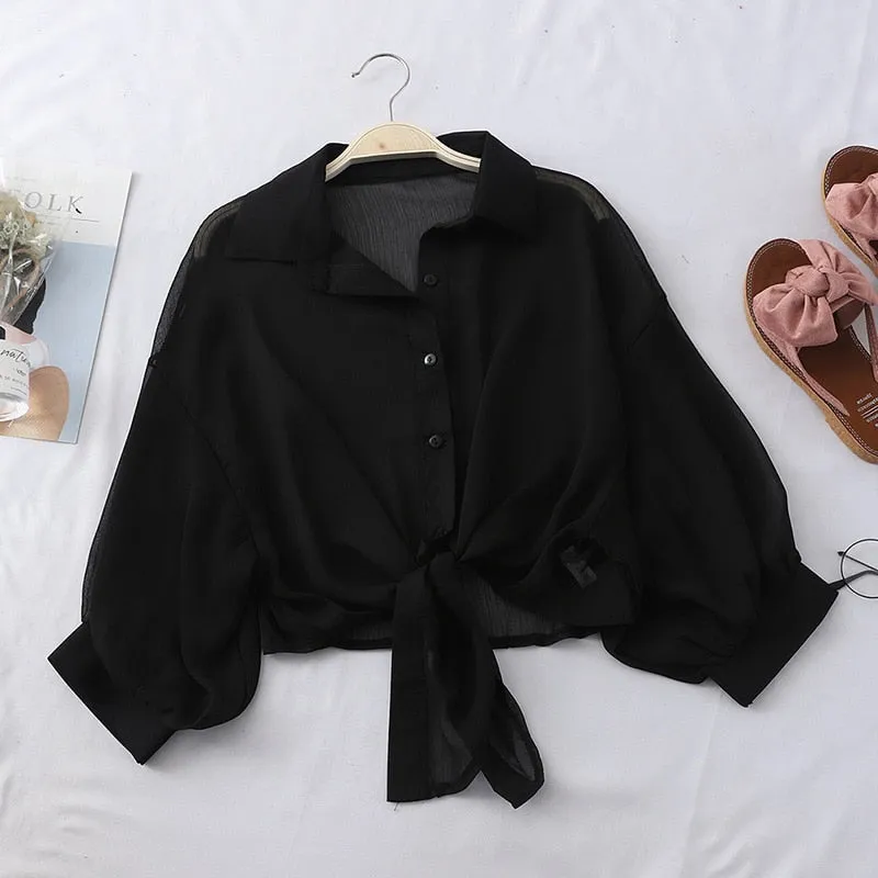 Hulianfu Chiffon Shirts Women Summer Half Sleeve Buttoned Up Shirt Loose Casual Blouse Tied Waist Elegant Blouses For Women