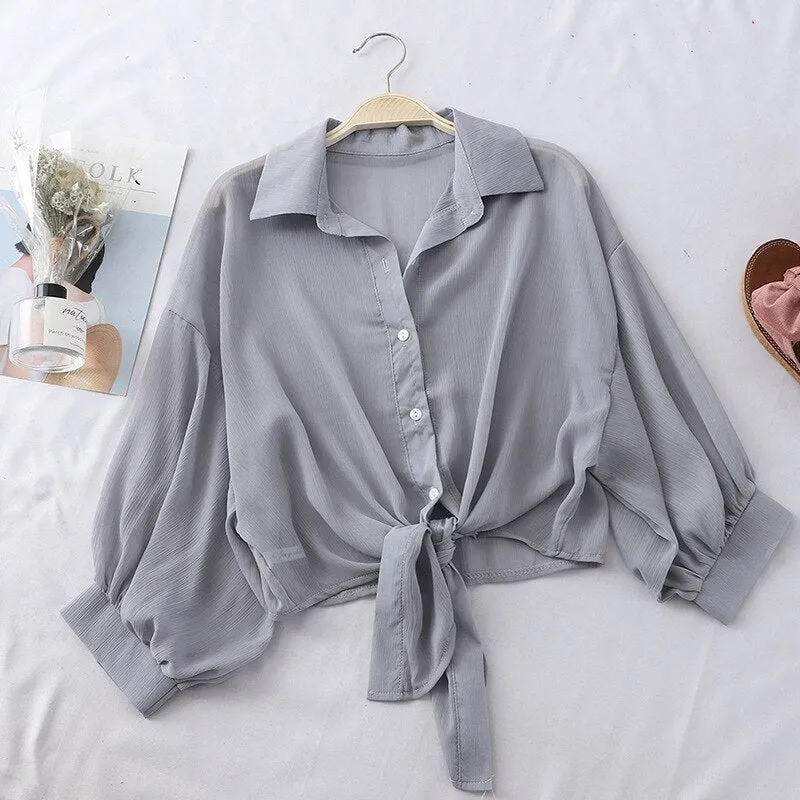 Hulianfu Chiffon Shirts Women Summer Half Sleeve Buttoned Up Shirt Loose Casual Blouse Tied Waist Elegant Blouses For Women