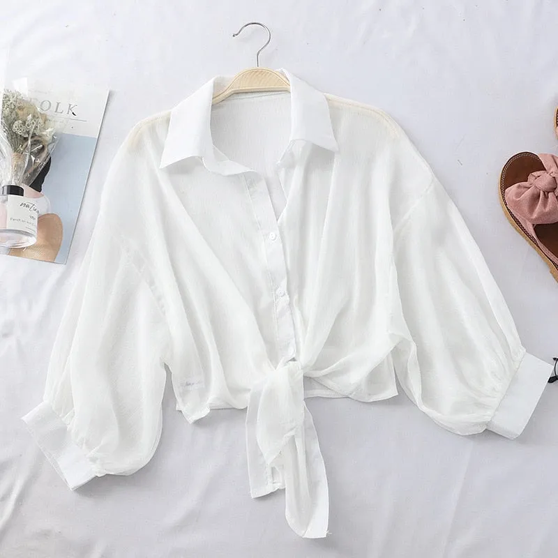 Hulianfu Chiffon Shirts Women Summer Half Sleeve Buttoned Up Shirt Loose Casual Blouse Tied Waist Elegant Blouses For Women