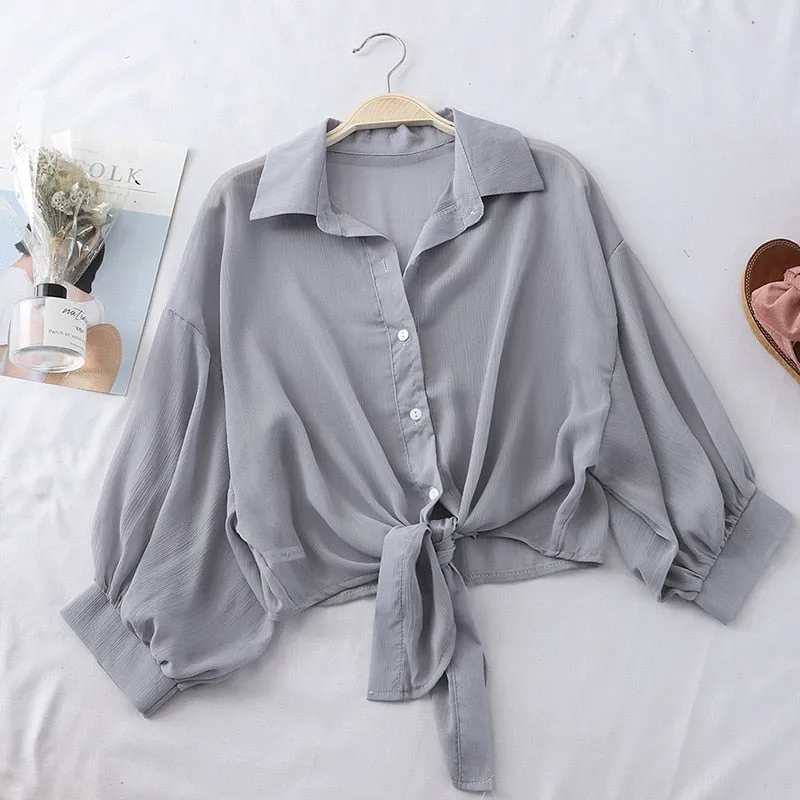 Hulianfu Chiffon Shirts Women Summer Half Sleeve Buttoned Up Shirt Loose Casual Blouse Tied Waist Elegant Blouses For Women