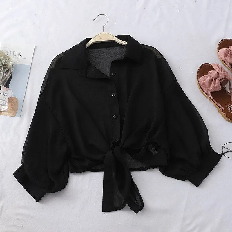 Hulianfu Chiffon Shirts Women Summer Half Sleeve Buttoned Up Shirt Loose Casual Blouse Tied Waist Elegant Blouses For Women