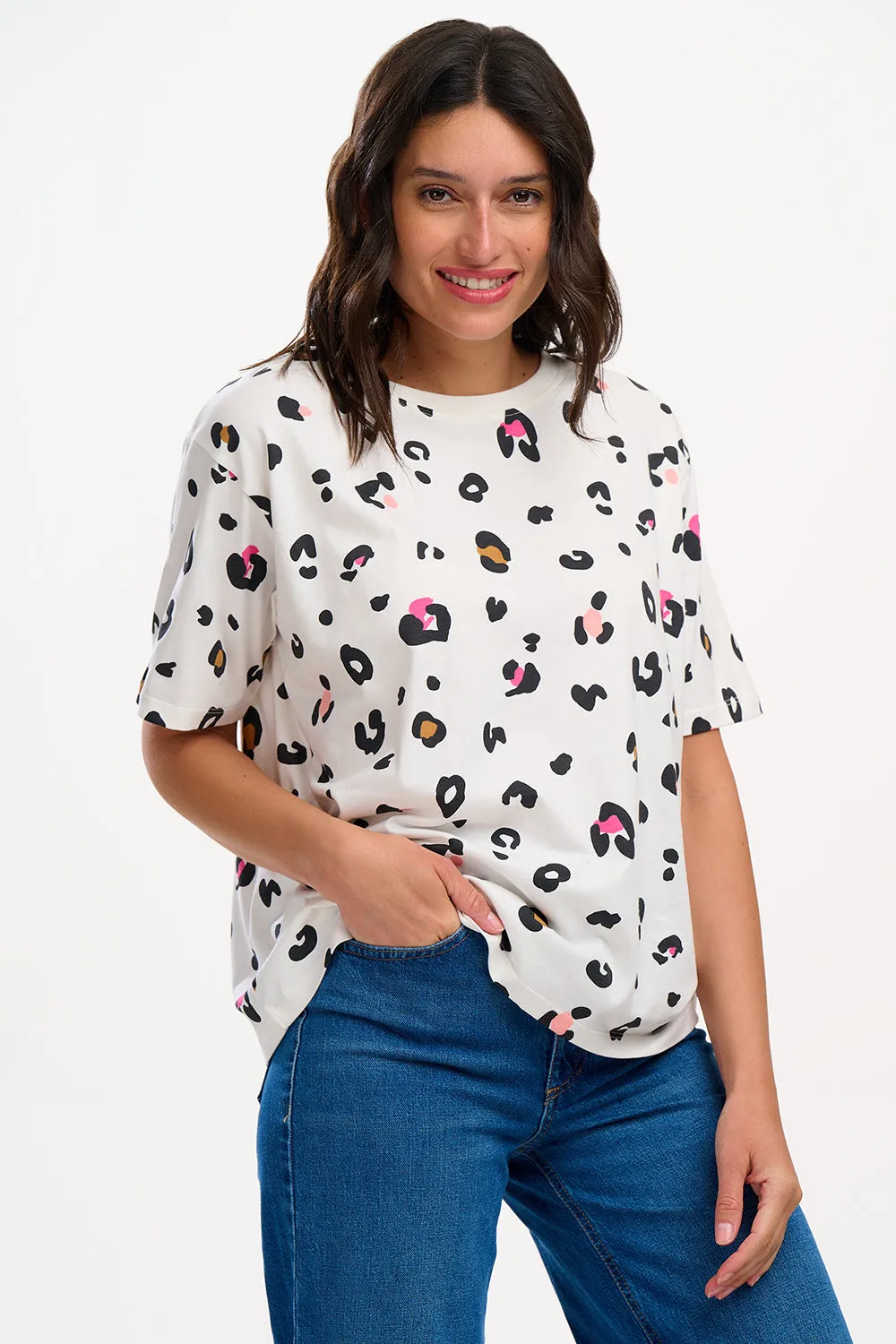 Kinsley Relaxed T-shirt - Off White, Colour Pop Leopard