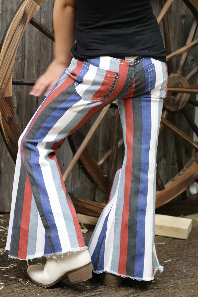 Multi-color stripe printed bootcut denim pants. PNG65153068-AMY