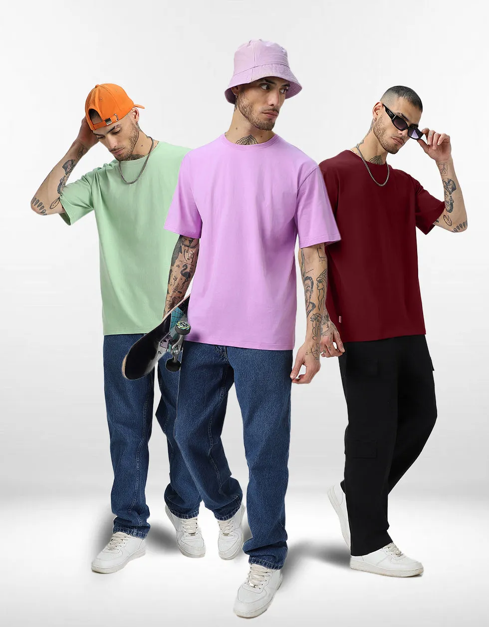 Pack of 3 Solid Oversized T-shirts: Maroon & Foggreen & Lilac