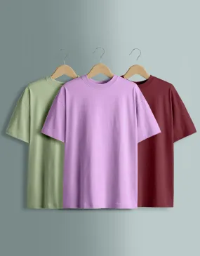 Pack of 3 Solid Oversized T-shirts: Maroon & Foggreen & Lilac