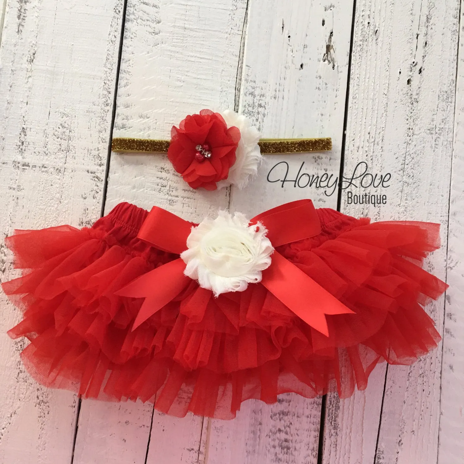 Red/Ivory Embellished tutu skirt bloomers and Gold/Silver glitter headband