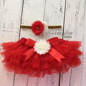 Red/Ivory Embellished tutu skirt bloomers and Gold/Silver glitter headband