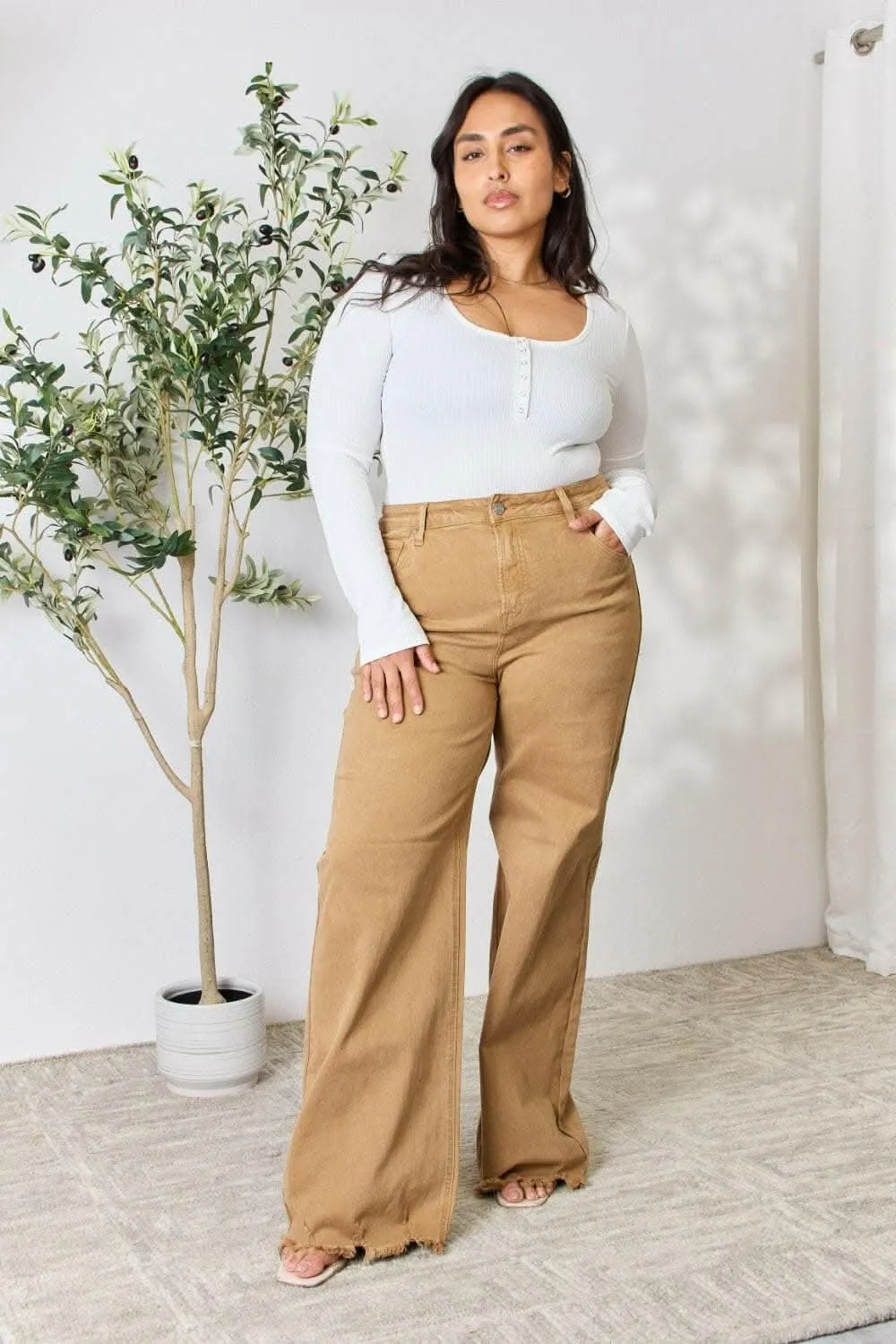 RISEN High-Waisted Wide Leg Fringe Jeans