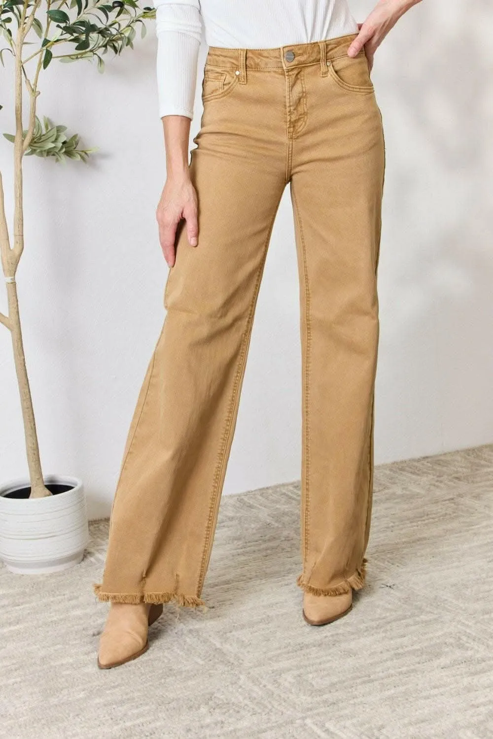 RISEN High-Waisted Wide Leg Fringe Jeans
