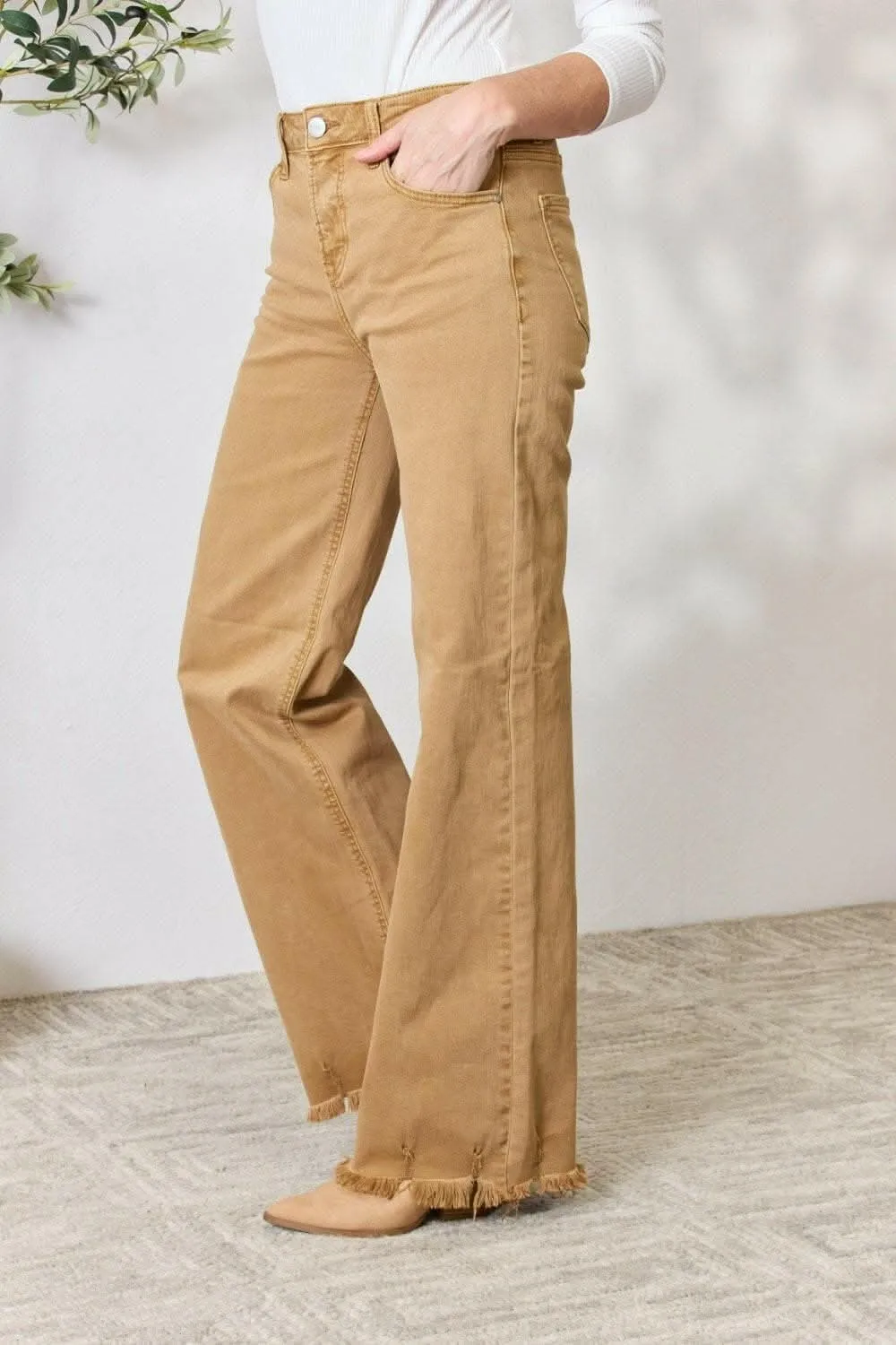 RISEN High-Waisted Wide Leg Fringe Jeans