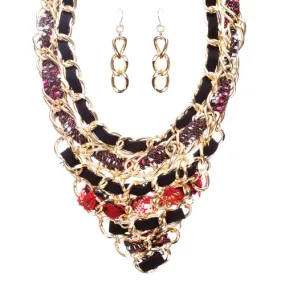 Unique Fashion Trendy Leatherette Braided Bib Design Statement Necklace Set Red