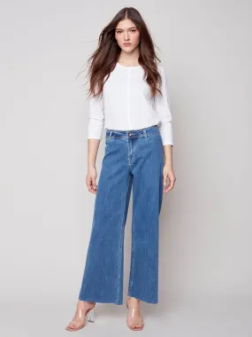 Wide Leg Jeans with Raw Hem - Medium Blue