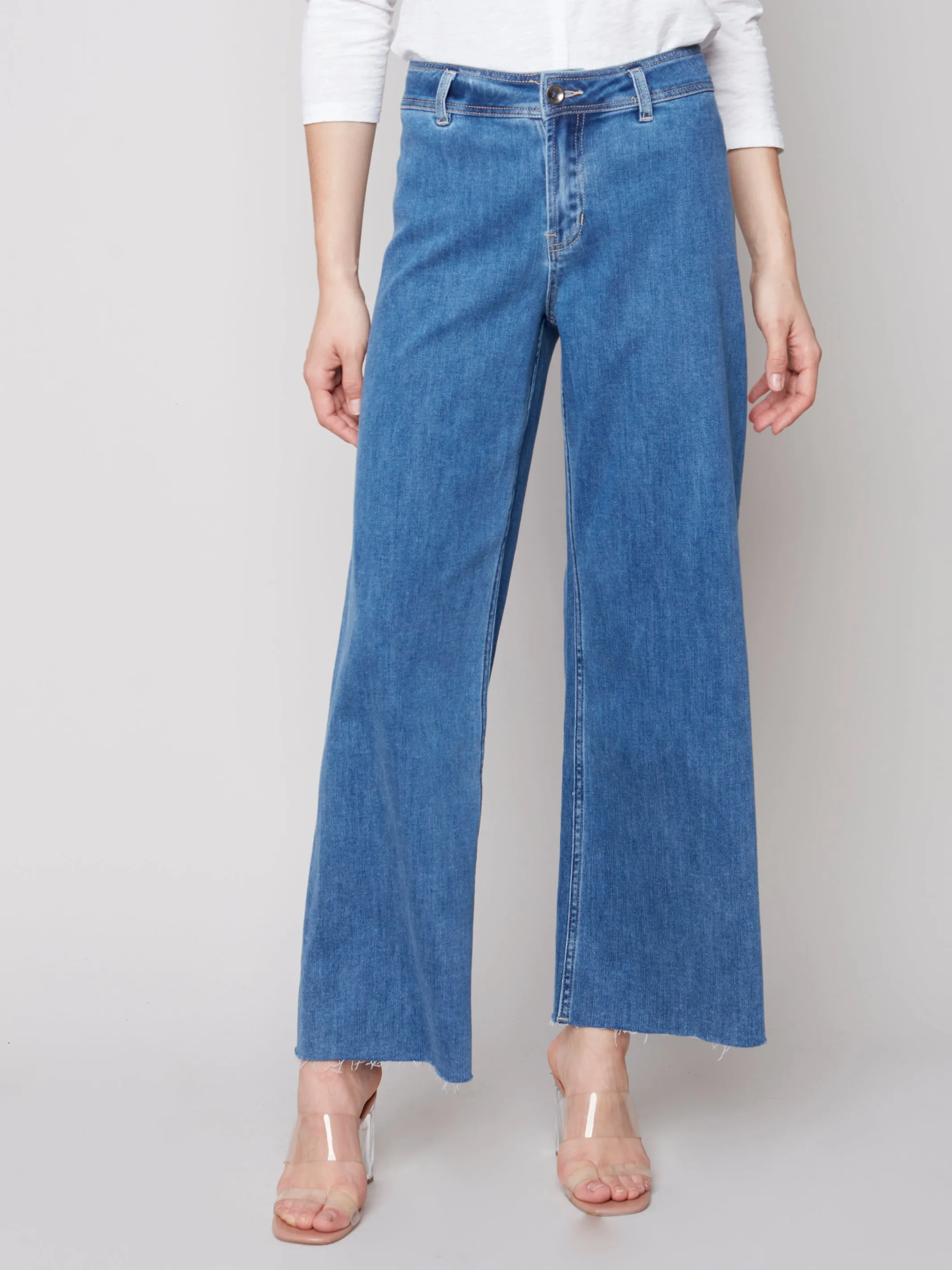Wide Leg Jeans with Raw Hem - Medium Blue