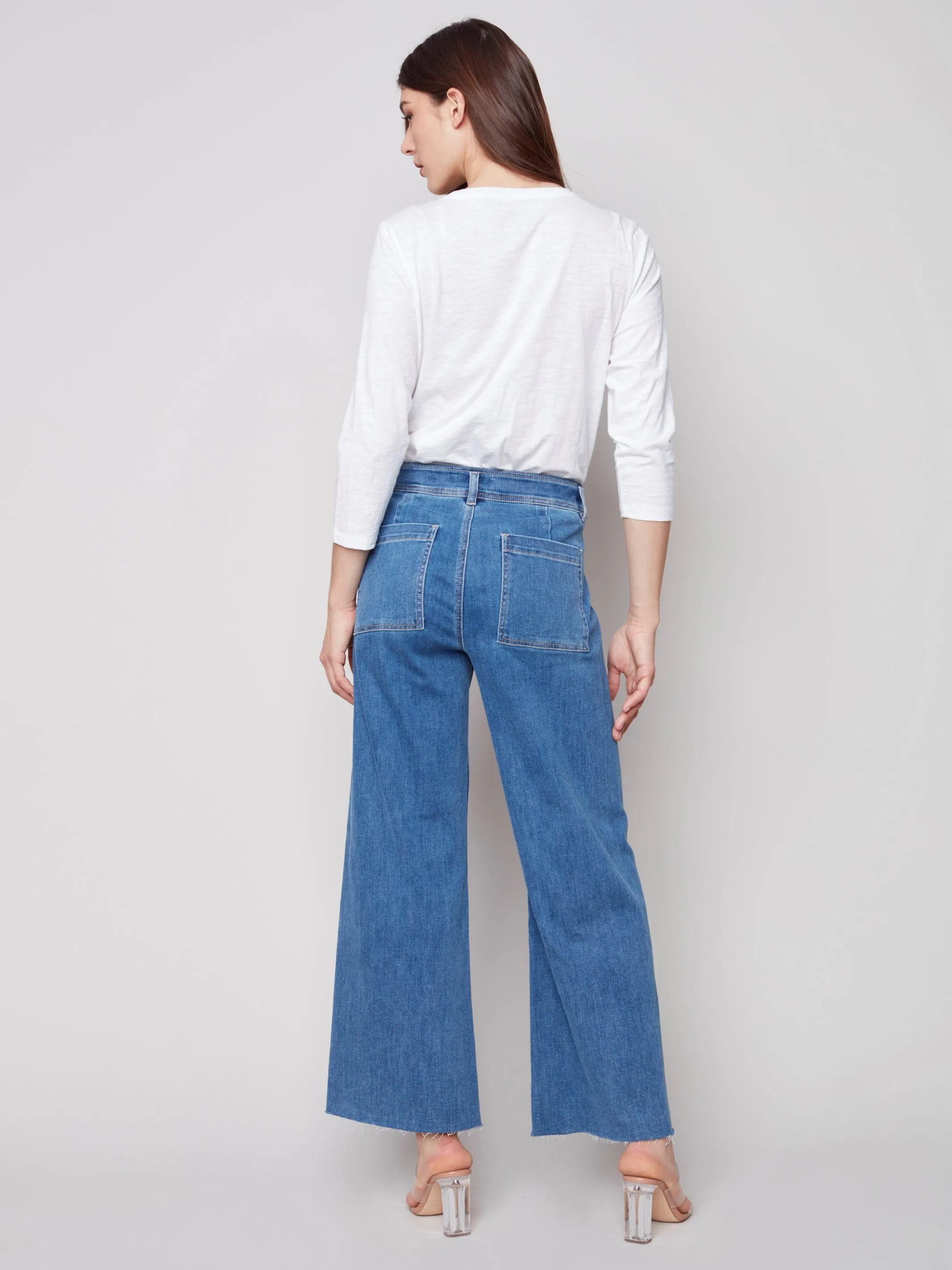 Wide Leg Jeans with Raw Hem - Medium Blue